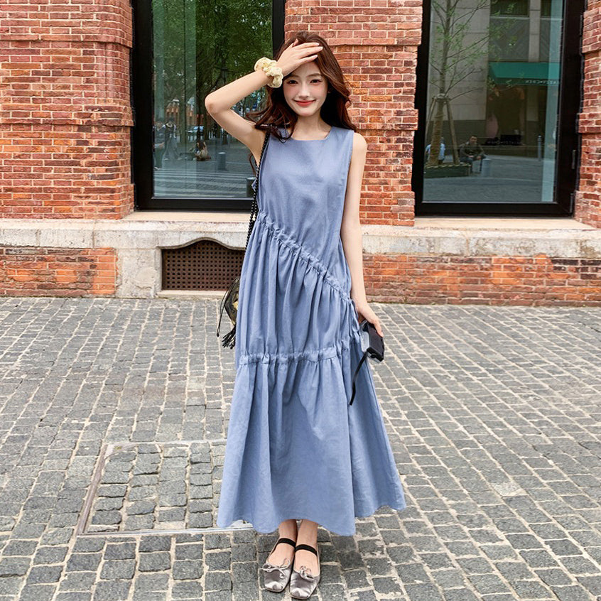 【ワンピース】夏新作 フレンチ気質 ギャザー＆リボンデザイン ノースリーブワンピース【SHシリーズ】