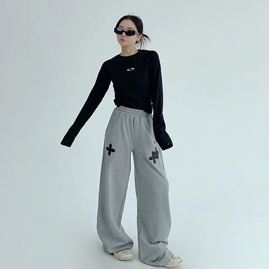 【ボトムス】韓国風 ヴィンテージライク デニムパンツ レディース 直筒＆刺繍入り【FCシリーズ】