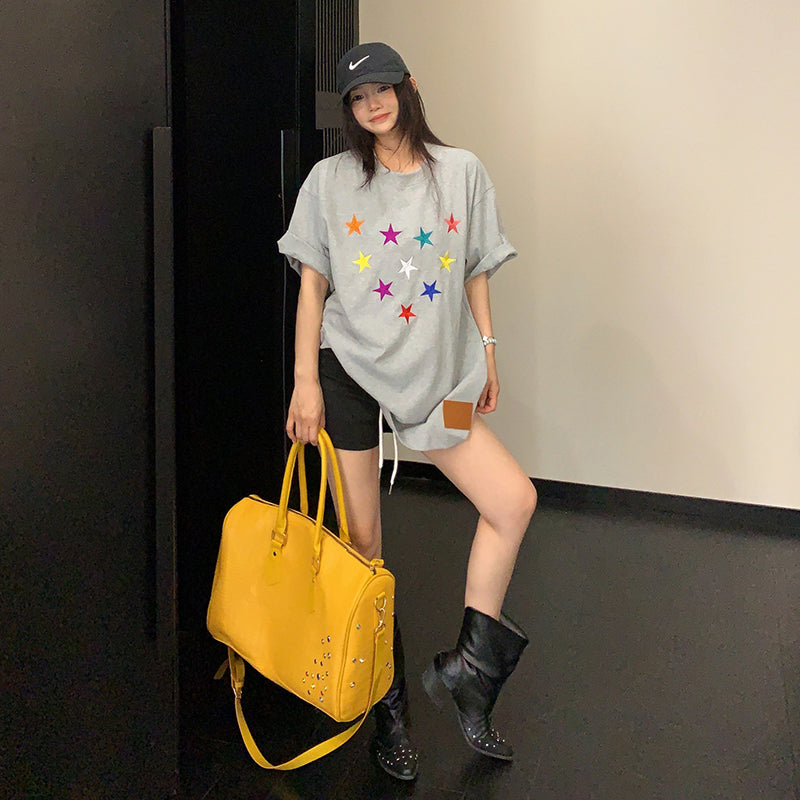 【トップス】ヴィンテージ加工 立体刺繍ヘビーTシャツ 夏新作 レディース 半袖 ストリート系【FCシリーズ】