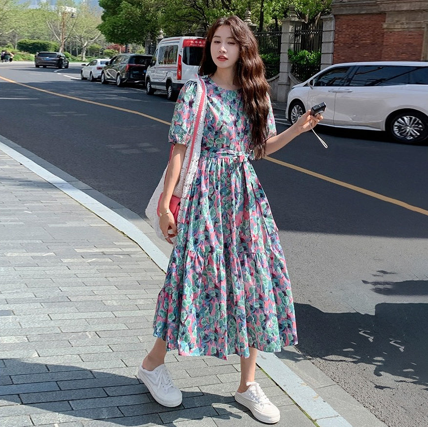 【ワンピース】アート風 花柄 半袖ワンピース レディース  夏 ロマンチック パフスリーブ ロング丈【SHシリーズ】