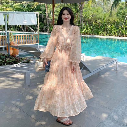 【ワンピース】フレンチ風フリル花柄 長袖ワンピース 細見え フェミニン ロングドレス 爆発ヒット【SHシリーズ】