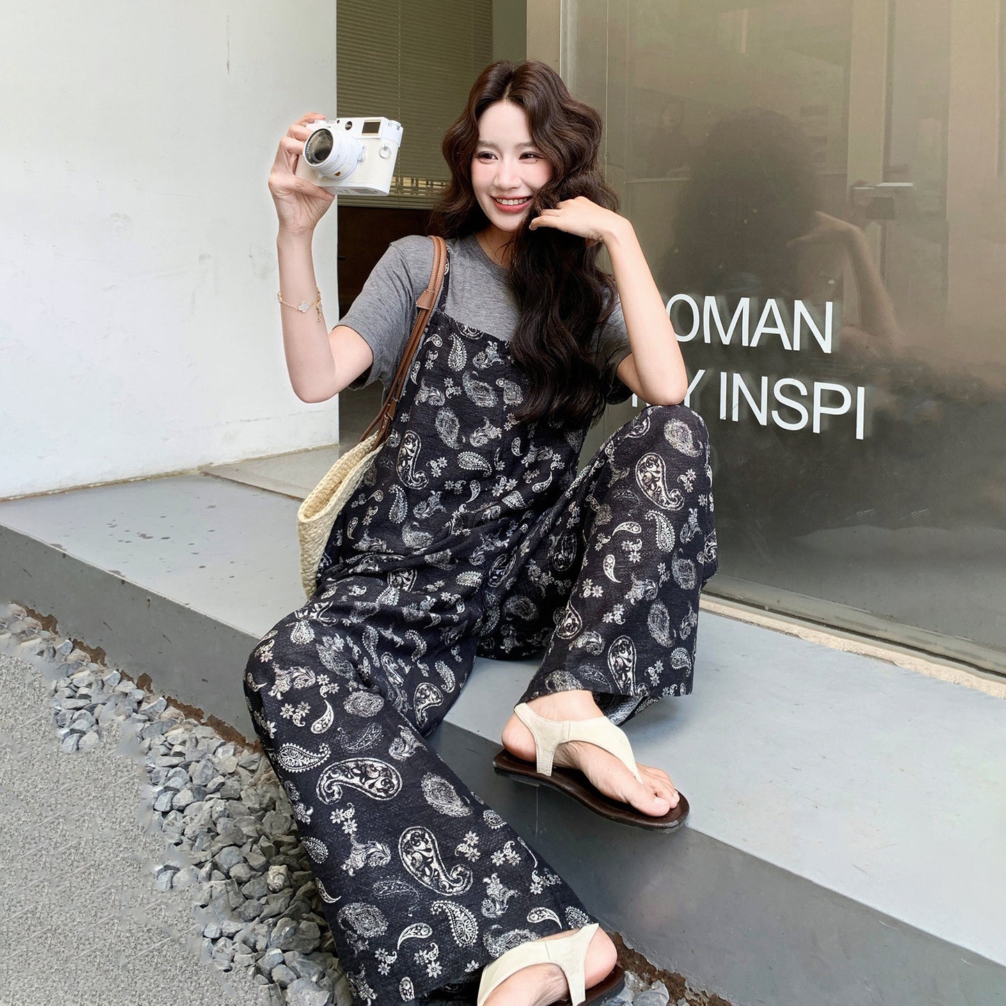 2点セット！【セットアップ】レトロプリントサロペット レディース 夏 半袖Tシャツ 上下セット ゆったり カジュアル【SHシリーズ】