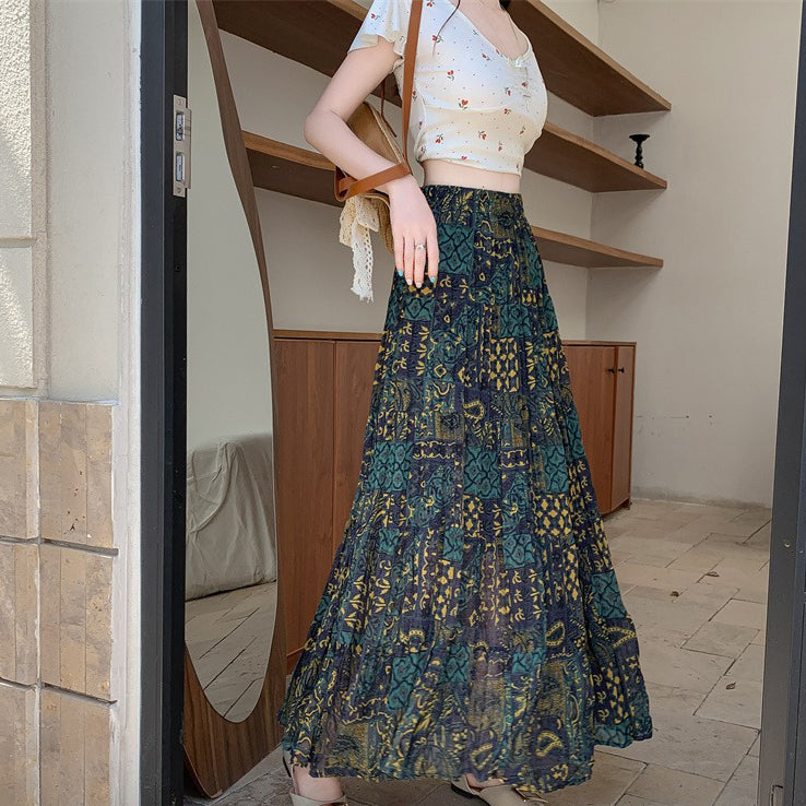 【ボトムス】ボヘミアン風 シフォンプリーツスカート レディース 夏 Aライン 体型カバー 旅行・リゾートにも最適【SHシリーズ】