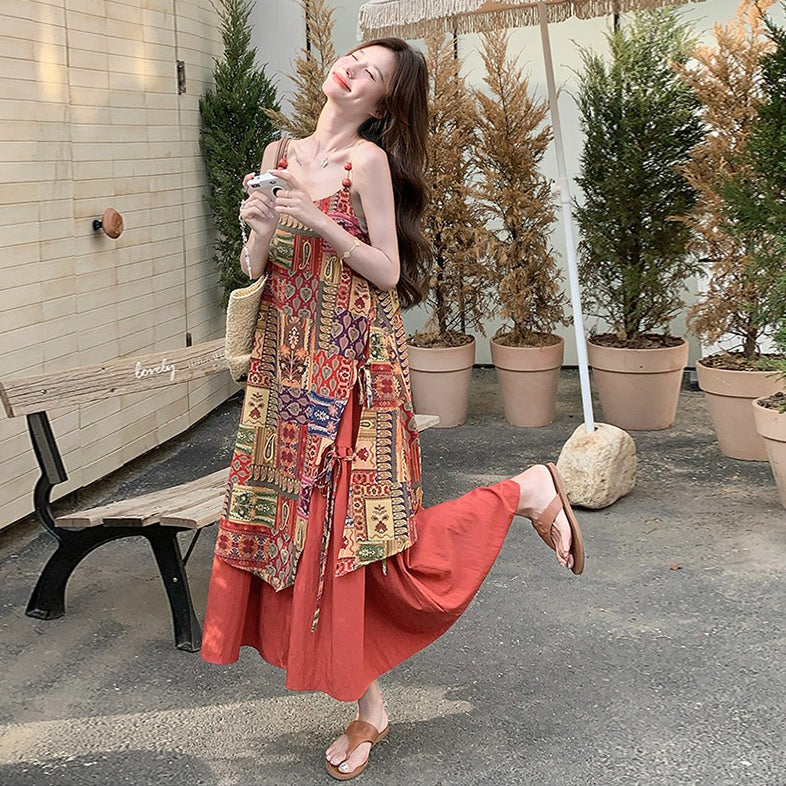 【ワンピース】民族風 夏新作 ゆったり＆細見え 花柄ノースリーブキャミワンピース【SHシリーズ】