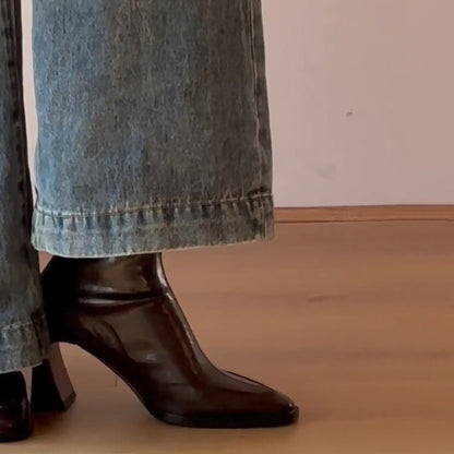 【シューズ】レディース ハイヒール ショートブーツ フレンチヴィンテージ スクエアトゥ太ヒール マーチン風ブーツ