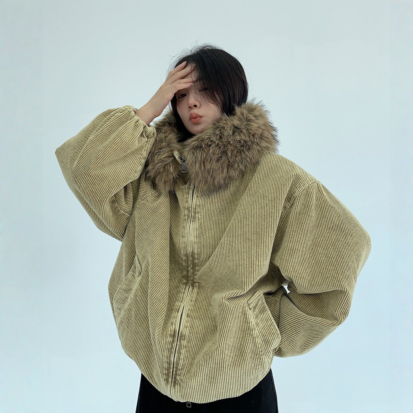 【アウター】春 秋 冬 ウォッシュド コーデュロイ 厚手 フード付き ファーフード 中綿 ジャケット 【FCシリーズ】