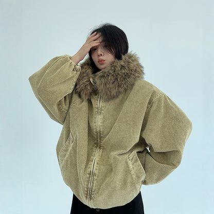 【アウター】春 秋 冬 ウォッシュド コーデュロイ 厚手 フード付き ファーフード 中綿 ジャケット 【FCシリーズ】