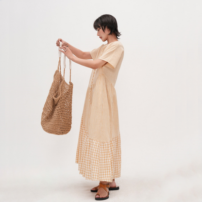 【ワンピース】【15～18日内発送】夏 クリームイエロー チェック柄 	Vネック 切り替えデザイン 半袖ワンピース 【JZシリーズ】