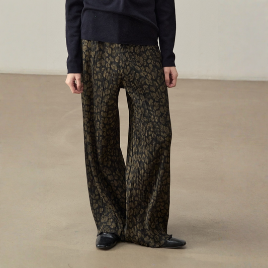 【ボトムス】落ち感 クリンクル加工 レオパード柄 美脚効果 パンツ 【SHシリーズ】