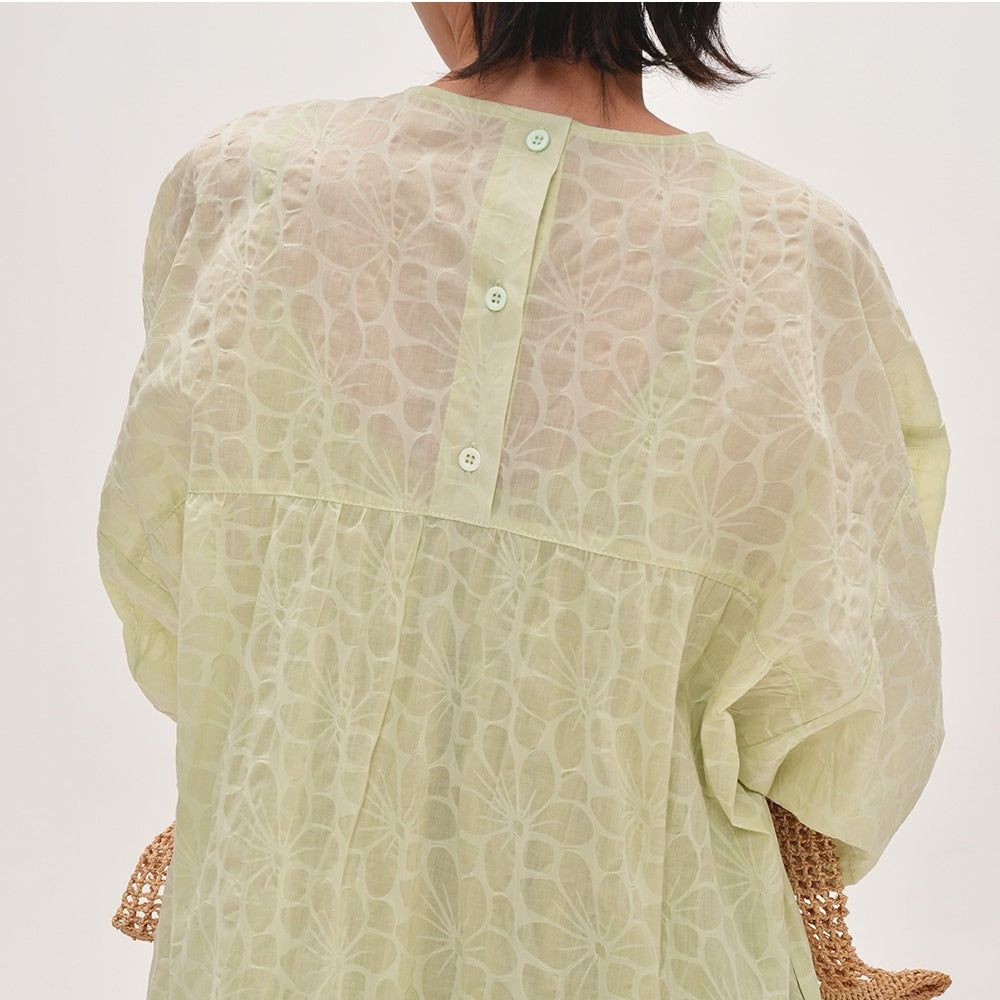 【ワンピース】夏 青みグリーン 楊柳 コットン フレンチラウンドネック 半袖 ワンピース 【SHシリーズ】