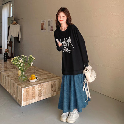 【ワンピース】レイヤード風 デニム切り替え 春秋 長袖ワンピース 爆売れ【JZシリーズ】