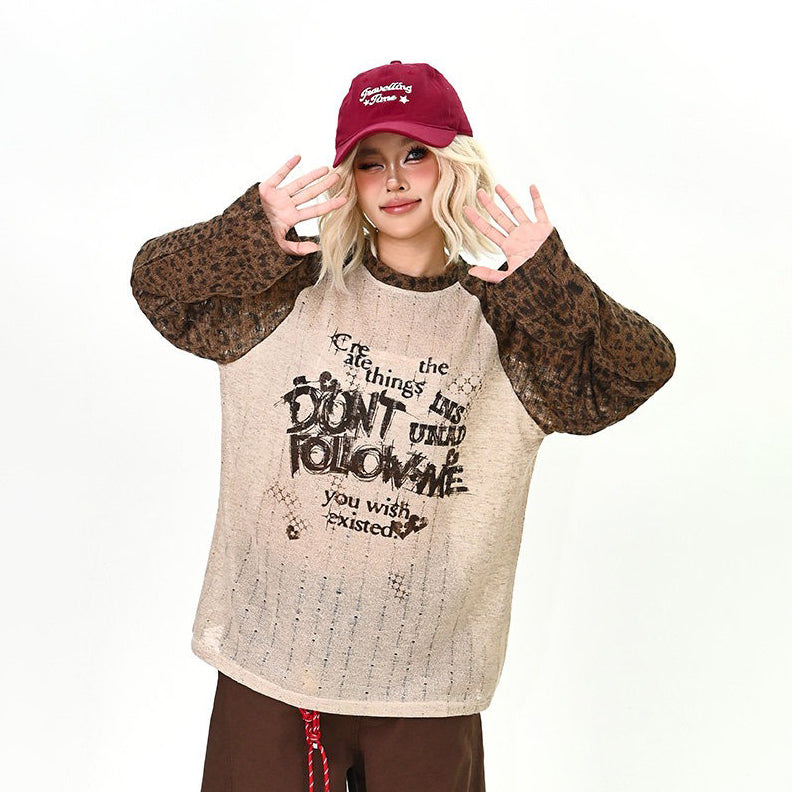 【トップス】レオパード切替 長袖Tシャツ オーバーサイズ アメリカンヴィンテージ BFスタイル【FCシリーズ】