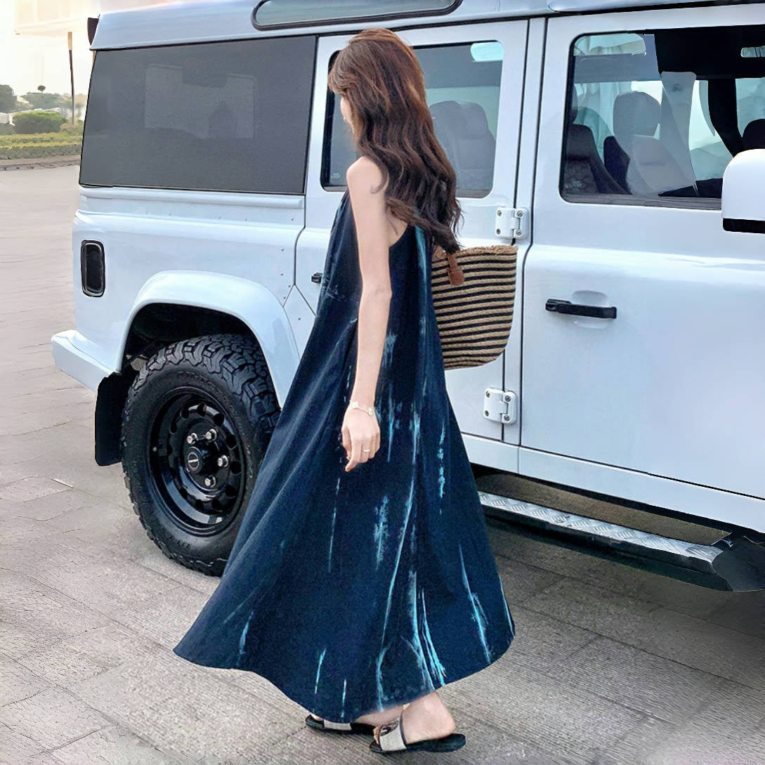 【ワンピース】夏新作 ブルータイダイ柄 ホルターネック ノースリーブワンピース エレガントリゾート風ロングドレス【SHシリーズ】