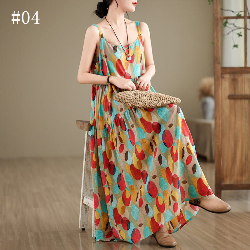 全6柄展開【ワンピース】綿麻素材 花柄キャミロングワンピース｜ゆったり大きめサイズ ノースリーブワンピース【SHシリーズ】