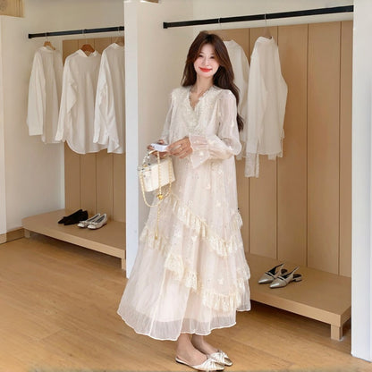 【ワンピース】フランス風 レース 切り替えし 高級感 上品 ピコット 長袖ワンピース【JZシリーズ】