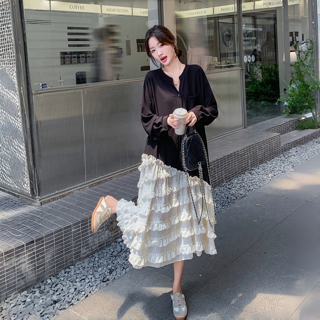 【ワンピース】アシンメトリー フリル レース 切り替えし カジュアル 長袖ワンピース【JZシリーズ】