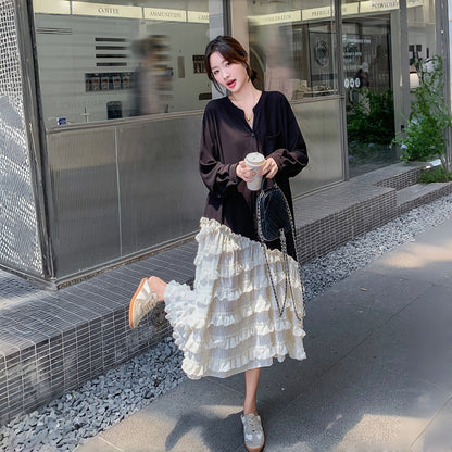 【ワンピース】アシンメトリー フリル レース 切り替えし カジュアル 長袖ワンピース【JZシリーズ】