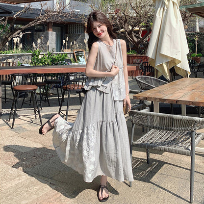 2点セット！【セットアップ】最近こればっかり着てる…♡ フリルベスト×スカート 上下セット グレー フレンチ風 夏リゾートコーデ きれいめ大人女子【JZシリーズ】