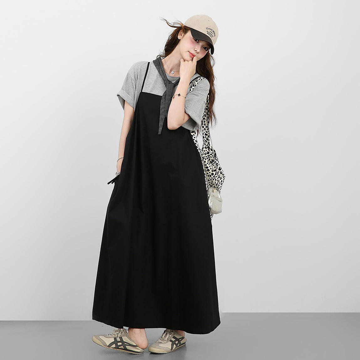 2点セット！【セットアップ】韓国風シンプル Tシャツ+ノースリーブワンピースセット 体型カバーも叶うゆったり大人コーデ【JZシリーズ】