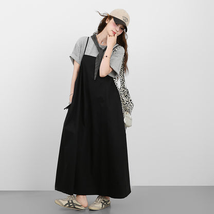 2点セット！【セットアップ】韓国風シンプル Tシャツ+ノースリーブワンピースセット 体型カバーも叶うゆったり大人コーデ【JZシリーズ】