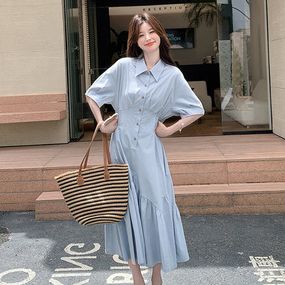 【ワンピース】韓国風 甘めポロ襟マーメイドワンピース 夏 ロング 半袖シャツワンピース【JZシリーズ】