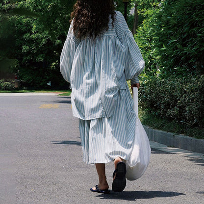 【トップス】春夏秋 ゆったり 快適 日焼け防止 着痩せ ストライプ柄 ランタンスリーブ シャツ【JZシリーズ】