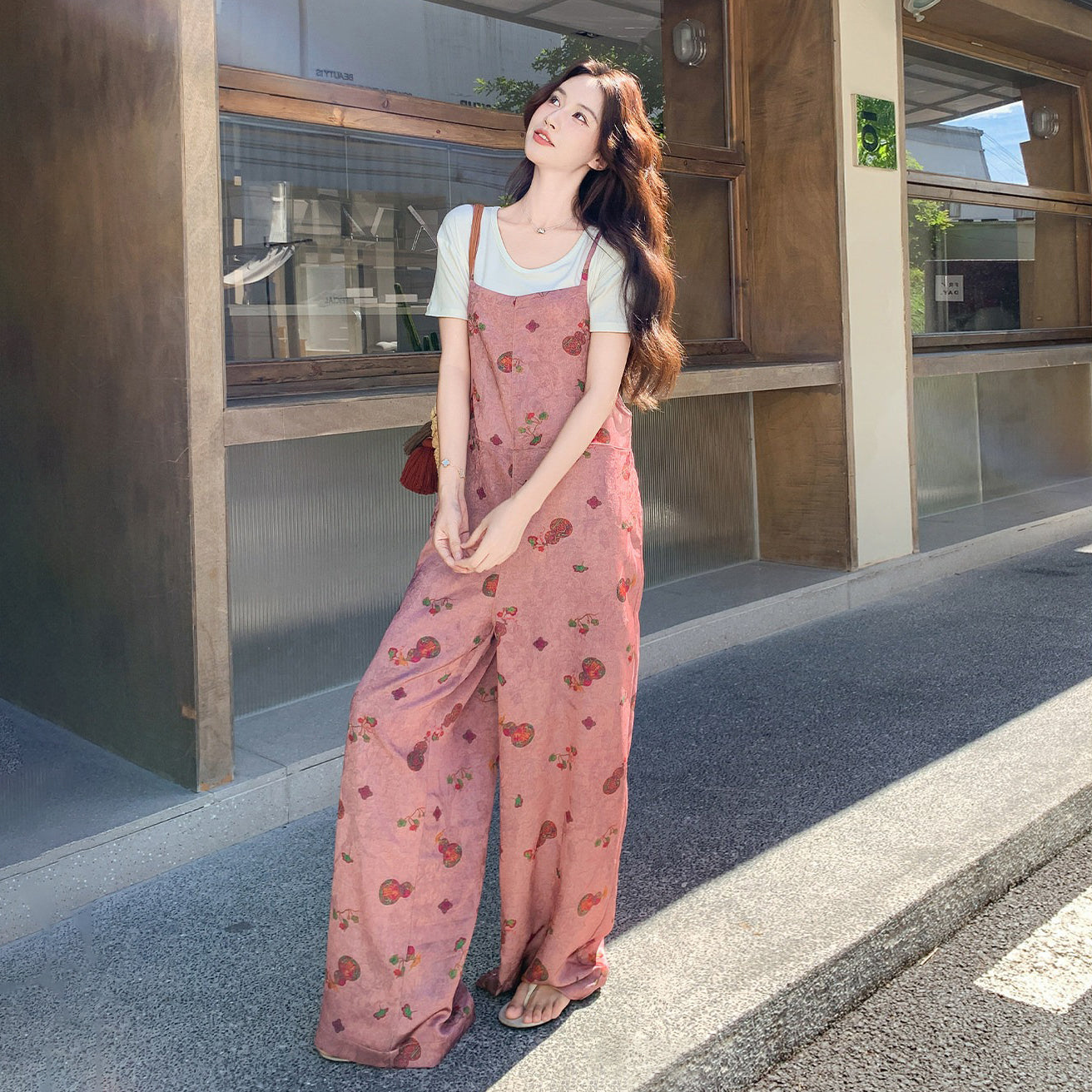 2点セット！【セットアップ】韓国風 サロペットセット レディース 夏 プリント柄 Tシャツ 上下セット カジュアル【SHシリーズ】