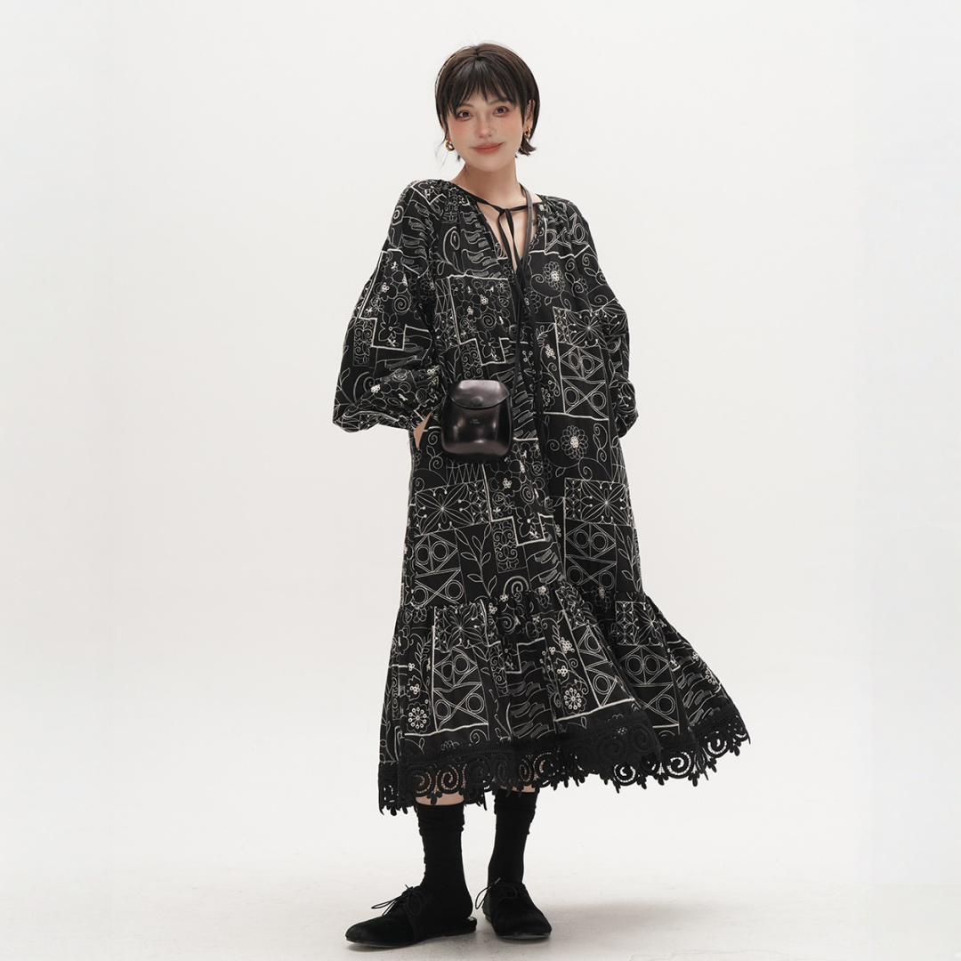【ワンピース】春 秋 総刺繍 レトロ エスニック風 ジャカード 長袖 ワンピース【JZシリーズ】