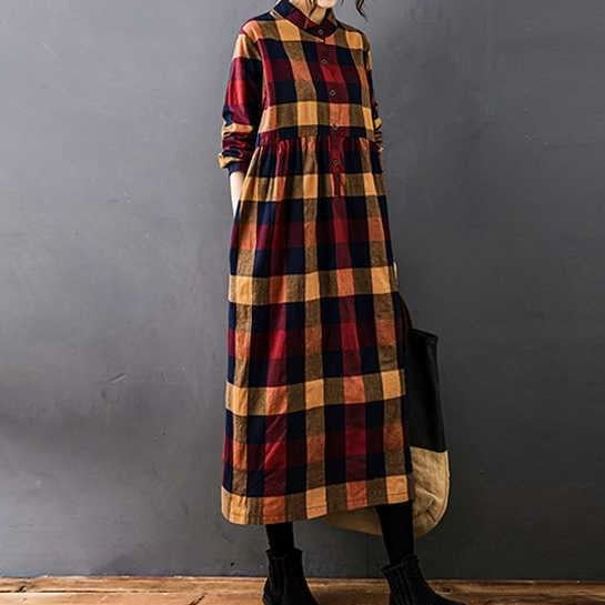 【ワンピース】春 秋 冬 切り替え チェック柄 ゆるリラックス 長袖 ワンピース 【SHシリーズ】
