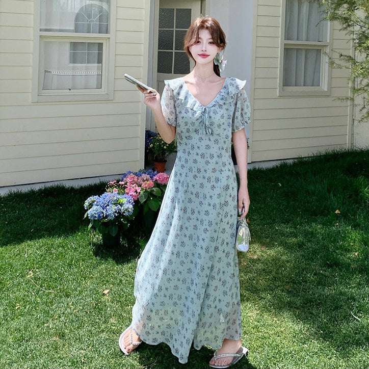 【ワンピース】花柄シフォン 半袖ワンピース｜Vネック 細見え叶う♡フレンチガーリーなAラインドレス【SHシリーズ】