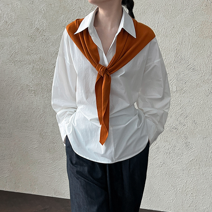 【トップス】韓国風 ポロカラー シャツ レディース 2025秋新作 ウエストリボン 美シルエット レトロブラウス【SNシリーズ】