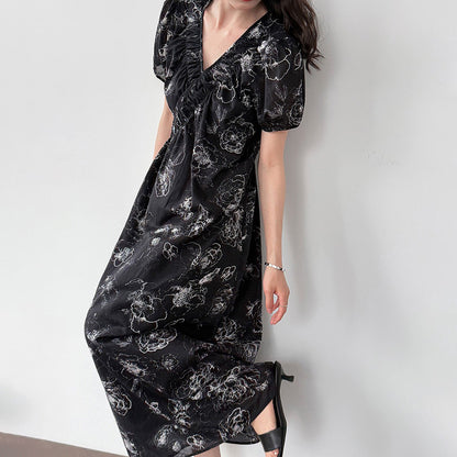 【ワンピース】フレンチ夏新作 上品クラシック水墨画風 花柄ラップ半袖ワンピース【SHシリーズ】【JZシリーズ】