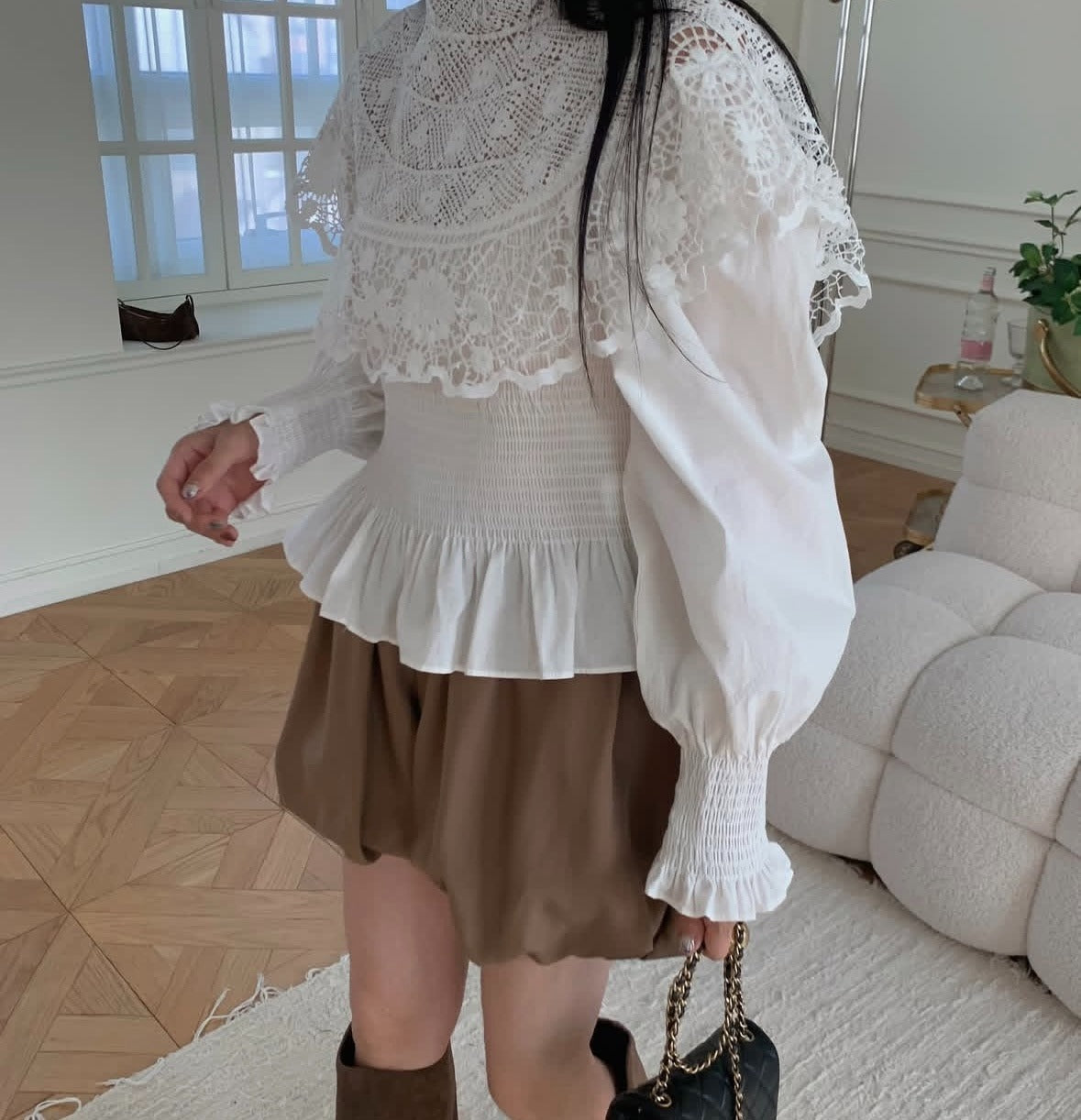 【トップス】春 秋 冬 フレンチ宮廷風 レース 刺繍 ギャザー シャツ 【JZシリーズ】