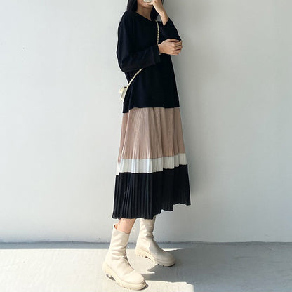 【24AW】【15～20日内発送】【ワンピース】フェイクツーピース 大きいサイズ プリーツ 長袖ワンピース