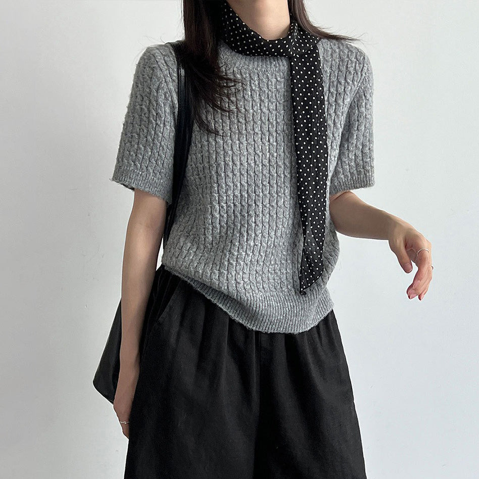 【トップス】韓国系 ニットTシャツ レディース 編み柄デザイン 半袖 細見え シンプルブラウス【JZシリーズ】