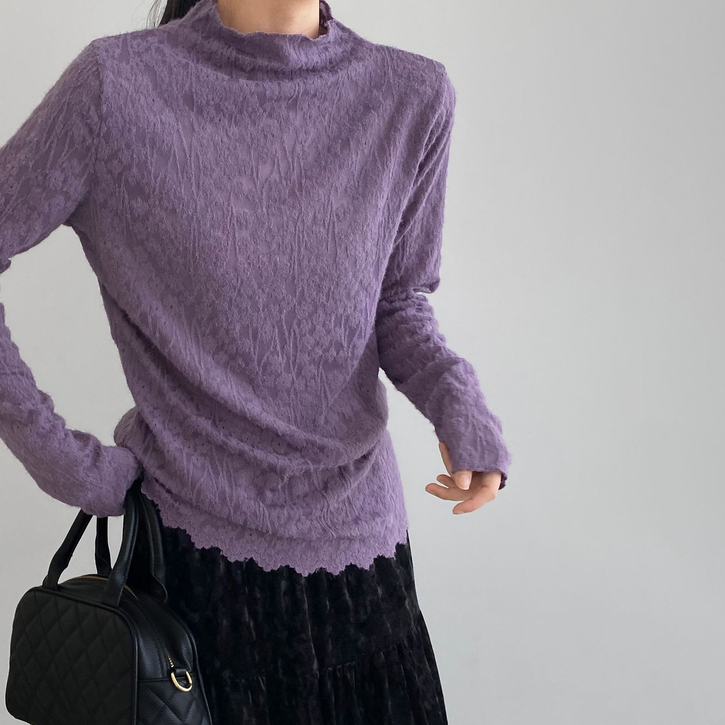 5カラー【トップス】韓国風オフィスカジュアル 大人可愛い レースインナー レディース ハーフハイネック テクスチャー感 Tシャツ【JZシリーズ】