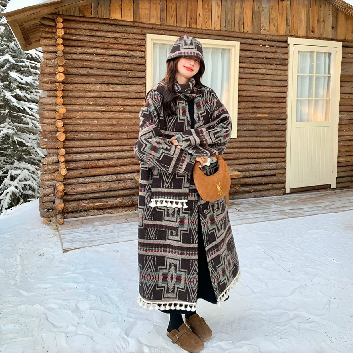 【アウター】エスニック プリント 合わせやすい 春 秋 冬 マフラー 帽子 綿入り コート 3点セット【SHシリーズ】