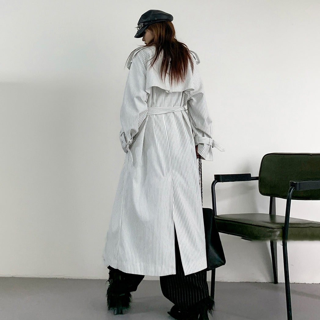 【アウター】韓国風 ストライプ ダブルボタン ベルト付き ロングトレンチコート【FCシリーズ】【10～15日内発送】