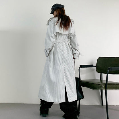 【アウター】韓国風 ストライプ ダブルボタン ベルト付き ロングトレンチコート【FCシリーズ】【10～15日内発送】