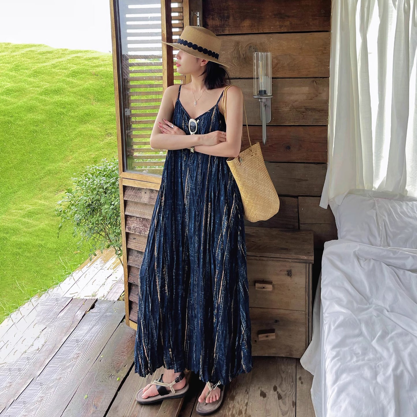 【ワンピース】レトロ シフォンワンピース 夏 ノースリーブ ドレープ感  ゆったり 着痩せ リゾートドレス【SHシリーズ】