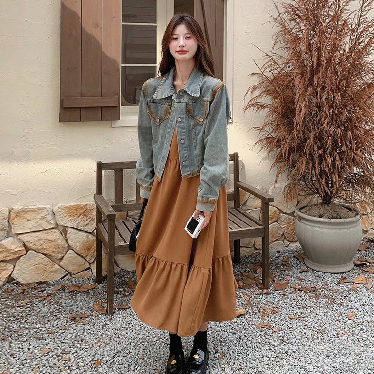 【セットアップ】初秋 韓国風コーデ レトロ デニム ジャケット＋ノースリーブワンピース 細見え 2点セット【JZシリーズ】