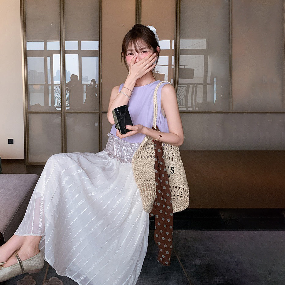 【ワンピース】韓国風  夏 シンプル  ゆったり 配色 ノースリーブワンピース