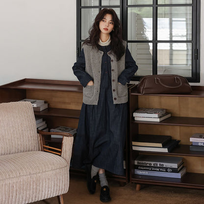 【ワンピース】秋 長袖ワンピース レディース デニム 丸首 ゆったり ミディ丈 森ガール風 文芸 ナチュラル コーデ【JZシリーズ】