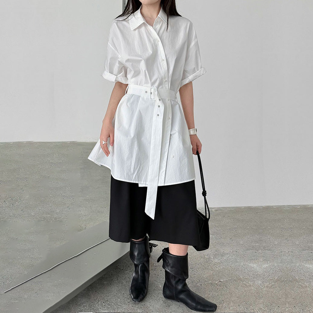 【トップス】韓国風 デザイン性 ウエストベルト付き シャツ レディース 夏新作 ウエストマーク 半袖 トップス【SNシリーズ】