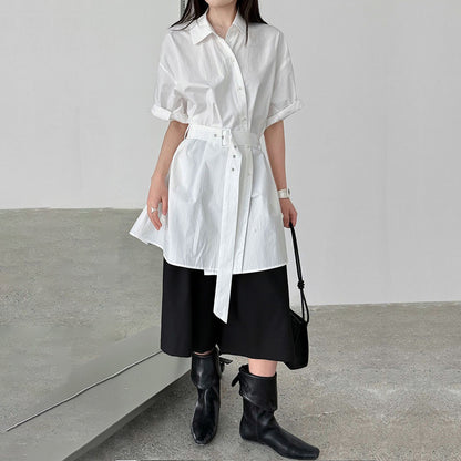 【トップス】韓国風 デザイン性 ウエストベルト付き シャツ レディース 夏新作 ウエストマーク 半袖 トップス【SNシリーズ】