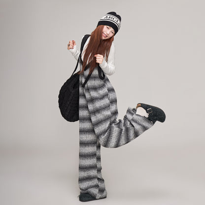 【ボトムス】秋冬 ゆったりVネック ニットサロペット グラデーション ワイドパンツ レディース オールインワン【SHシリーズ】