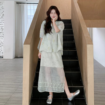2点セット！【セットアップ】フェミニン 刺繍上下セット レディース 夏 ブラウス×スカート きれいめ 上品【SHシリーズ】