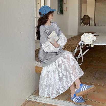 【ワンピース】韓国トレンド レース×スウェット風 長袖ワンピース 春秋 フェイクレイヤード 大人可愛い 優しげ 若見え【JZシリーズ】