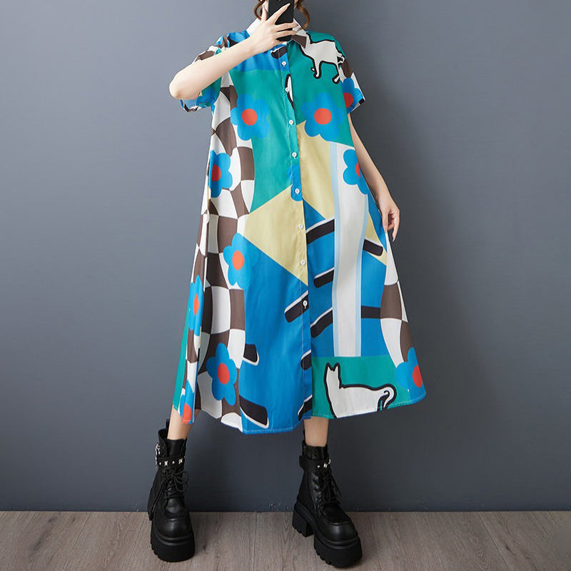 期間限定⭐60%OFF【ワンピース】韓国風 猫プリント シャツドレス 半袖 ワンピース 夏 大きいサイズ 痩せ見え Aライン ミモレ丈 体型カバー お洒落 カジュアル ぽっちゃり【SHシリーズ】