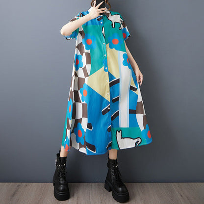 期間限定⭐60%OFF【ワンピース】韓国風 猫プリント シャツドレス 半袖 ワンピース 夏 大きいサイズ 痩せ見え Aライン ミモレ丈 体型カバー お洒落 カジュアル ぽっちゃり【SHシリーズ】
